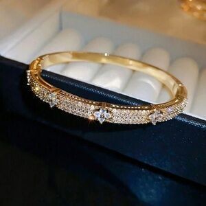 Gold Plated Stainless Steel CZ Bangle Bracelet Sparkling Statement